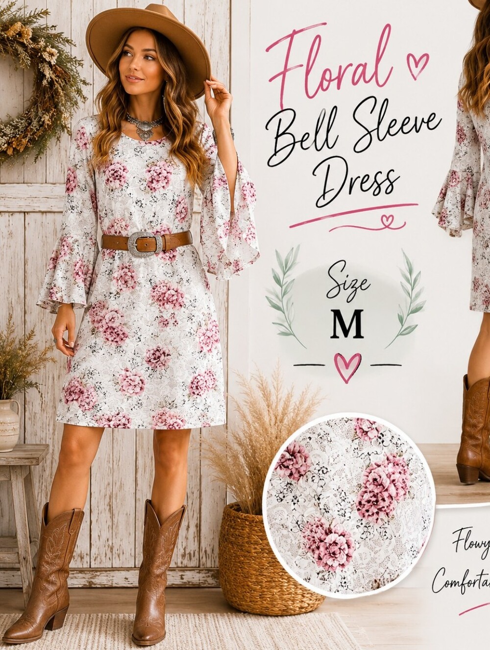 Shelby & Palmer Cream Midi Dress with Pink Floral Print and Bell Sleeves